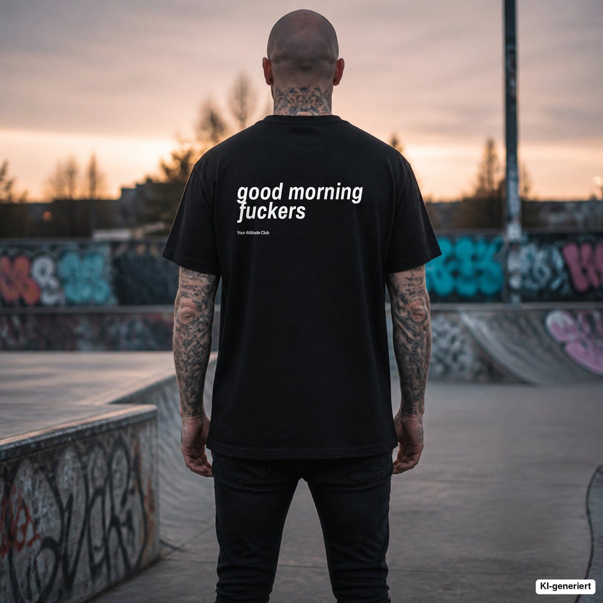 GOOD MORNING FUCKERS – schwarzes Oversize T-Shirt mit weißem Backprint, Herren im Skatepark