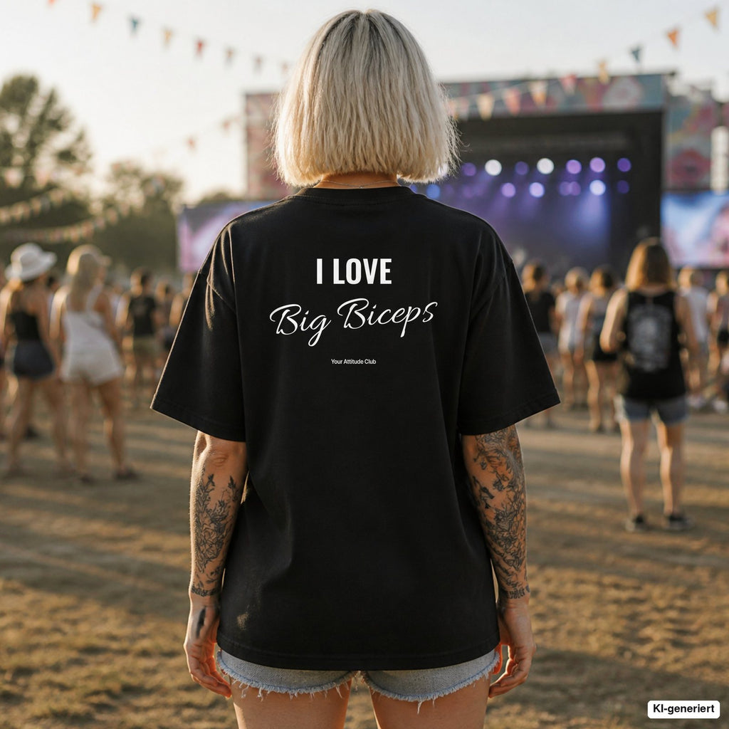 I LOVE BIG BICEPS – schwarzes Oversize Shirt mit weißem Backprint auf dem Festival