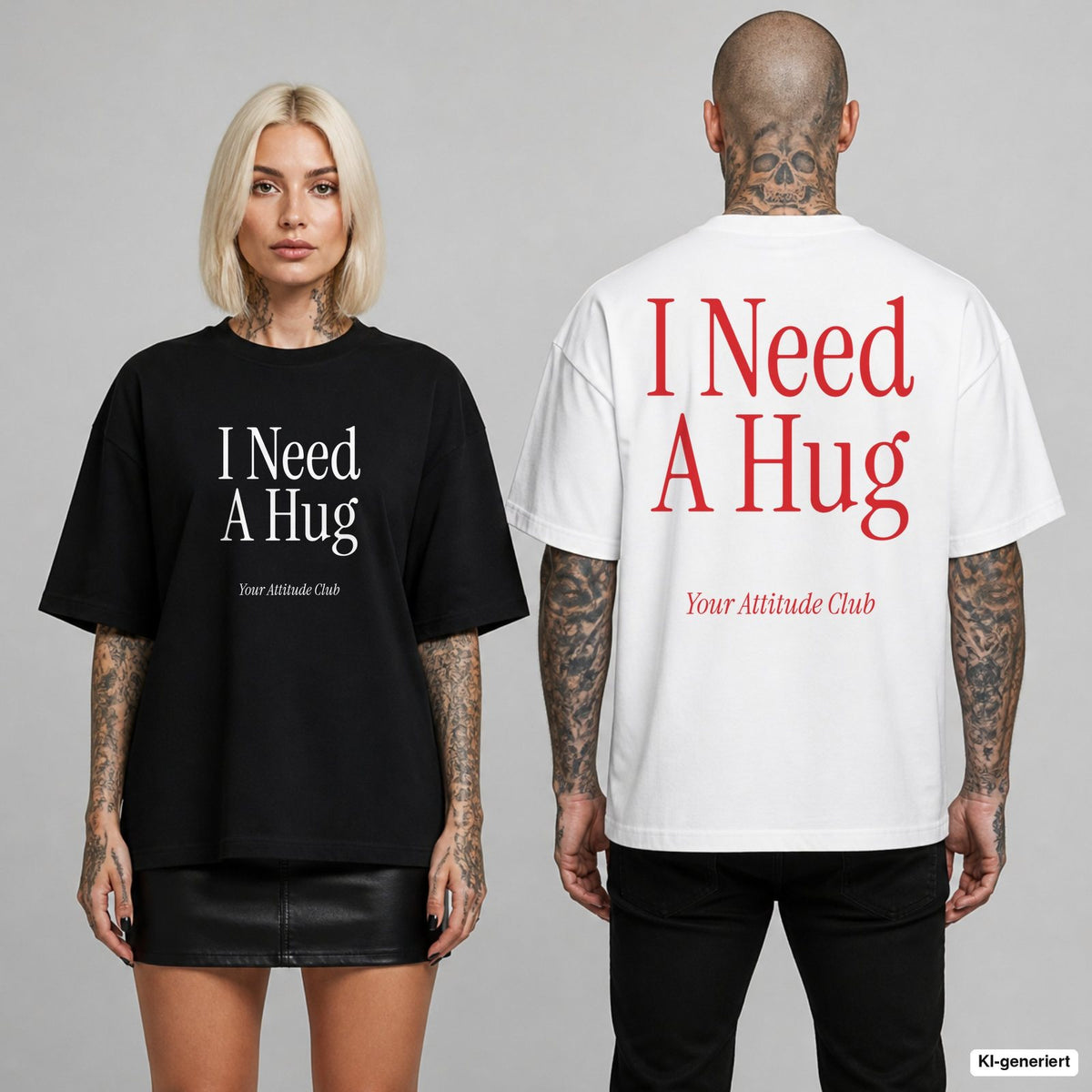 I NEED A HUG – Oversize T-Shirt mit Frontprint (Frau, Schwarz) und Backprint (Mann, Weiß)