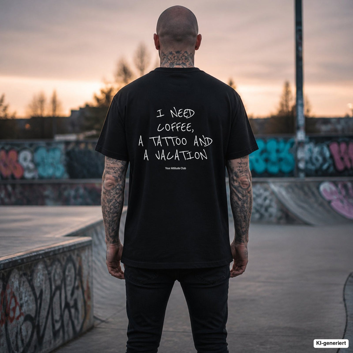 I NEED COFFEE, A TATTOO AND A VACATION – schwarzes Oversize T-Shirt mit weißem Backprint, Herren im Skatepark