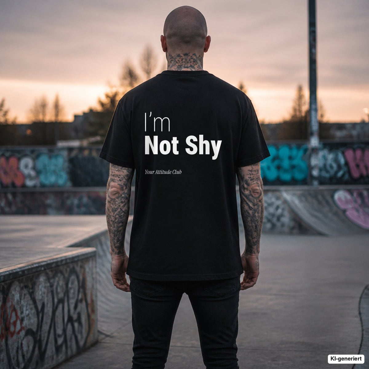 I’M NOT SHY – schwarzes Oversize T-Shirt mit weißem Backprint, Herren im Skatepark