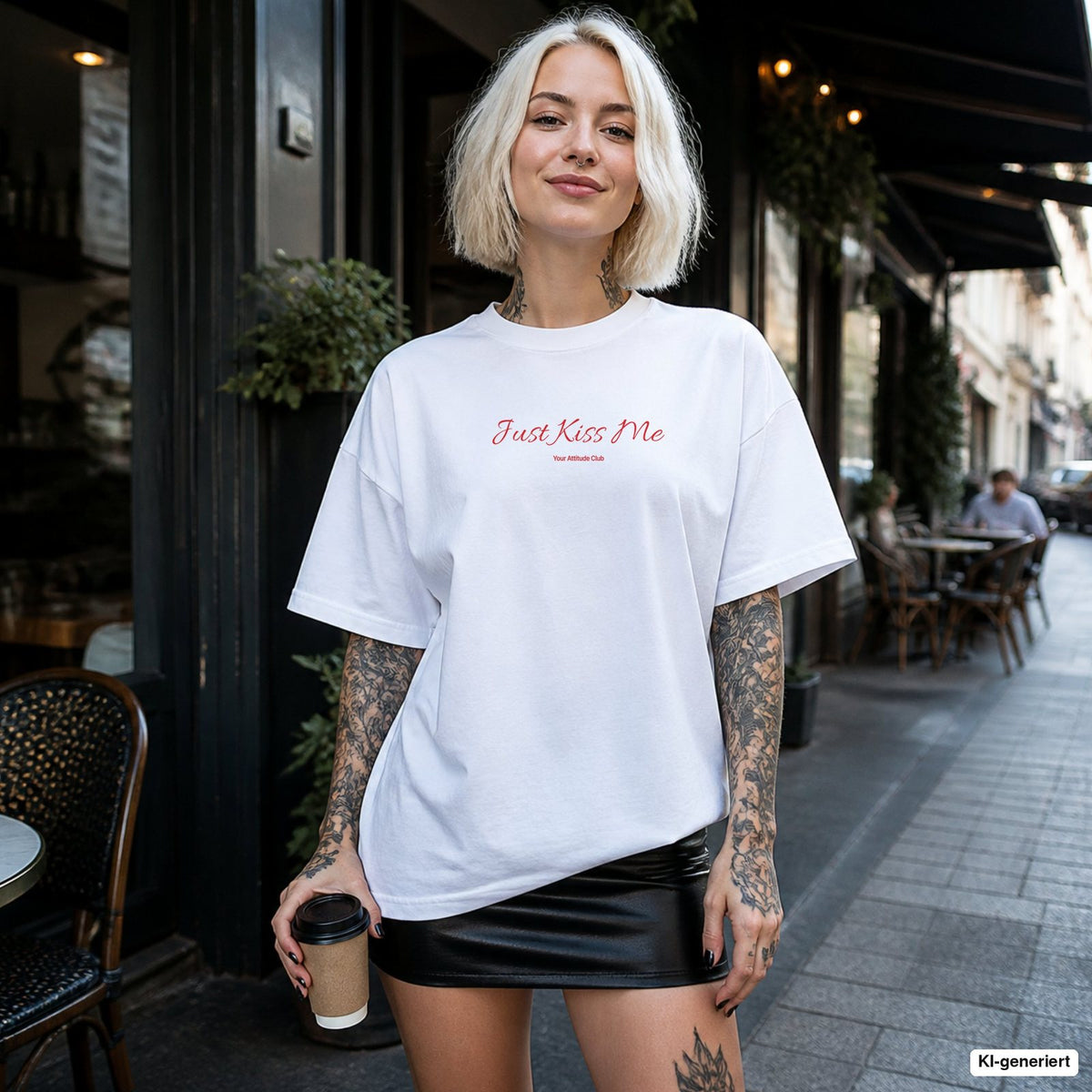 JUST KISS ME – weißes Oversize T-Shirt mit rotem Frontprint, Damen im Straßencafé