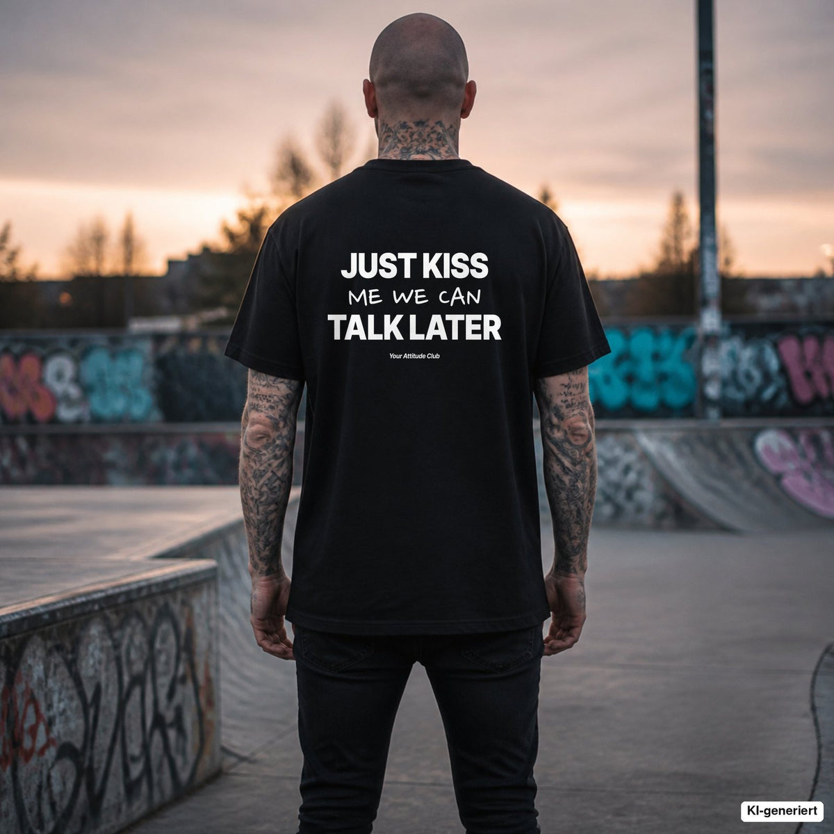 JUST KISS ME WE CAN TALK LATER – schwarzes Oversize T-Shirt mit weißem Backprint, Herren im Skatepark