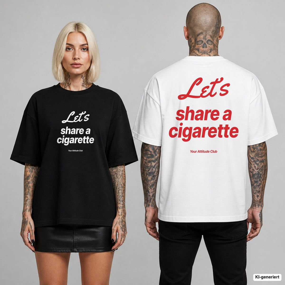 LET’S SHARE A CIGARETTE – Oversize T-Shirt mit Frontprint (Frau, Schwarz) und Backprint (Mann, Weiß)