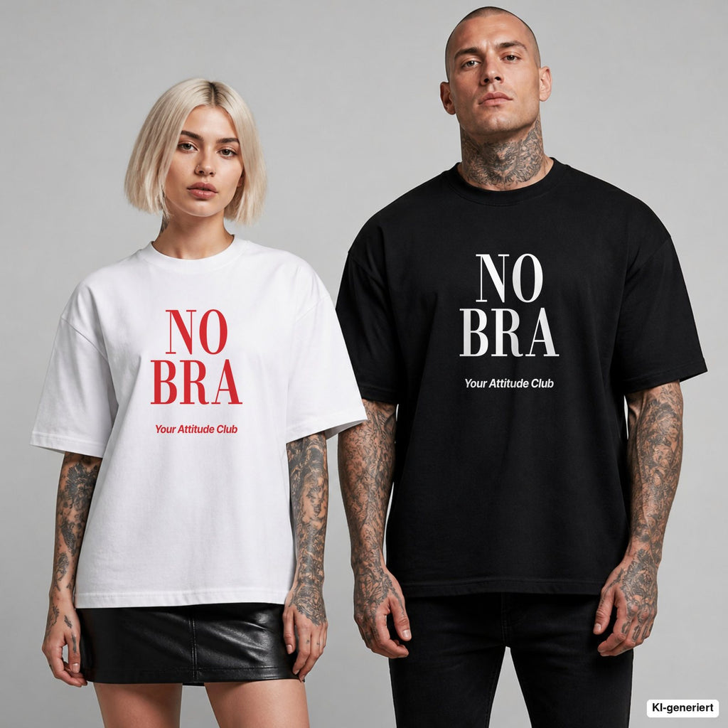 NO BRA – Oversize T-Shirt mit Frontprint, Frau in Weiß mit rotem und Mann in Schwarz mit weißem Aufdruck