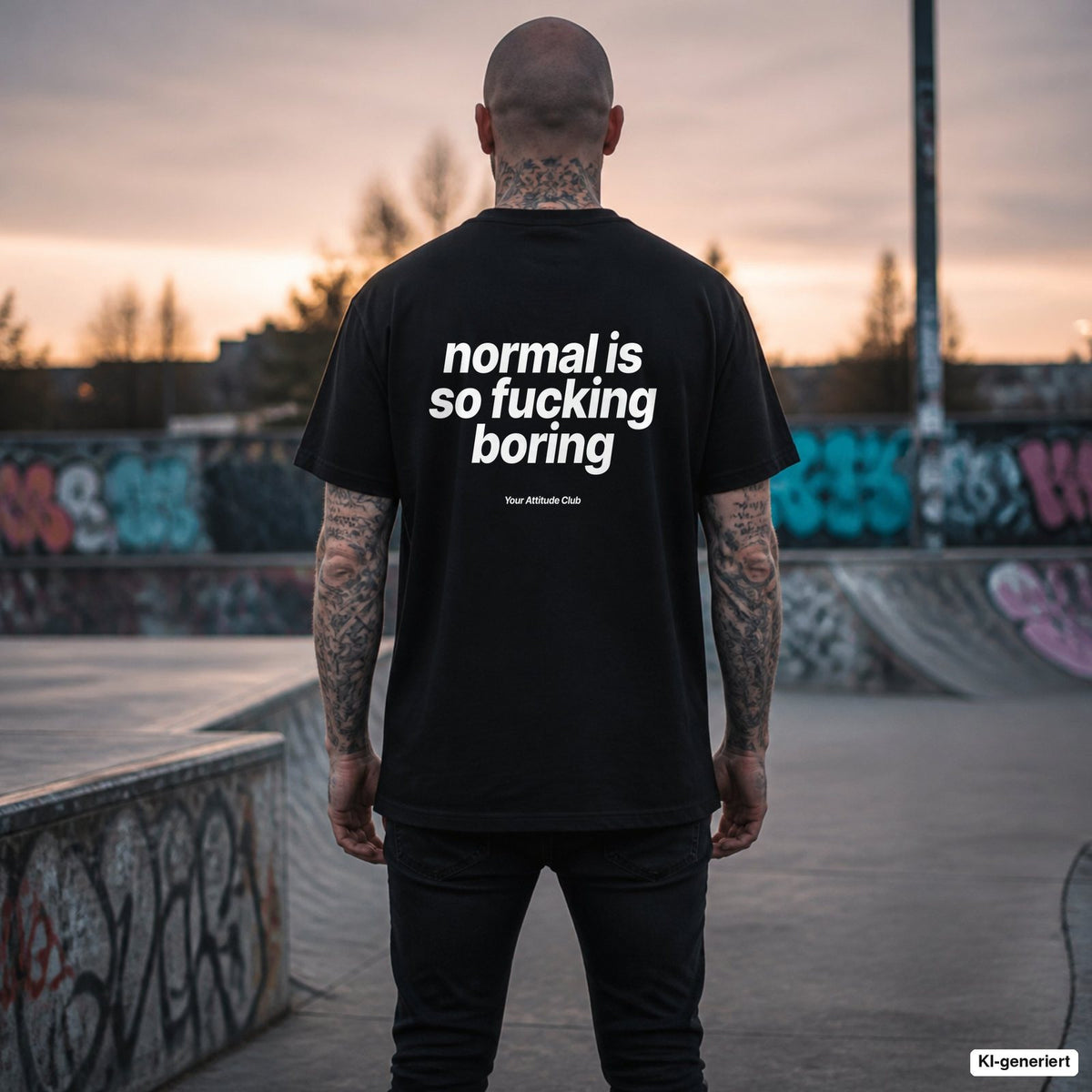 NORMAL IS SO FUCKING BORING – schwarzes Oversize T-Shirt mit weißem Backprint, Herren im Skatepark