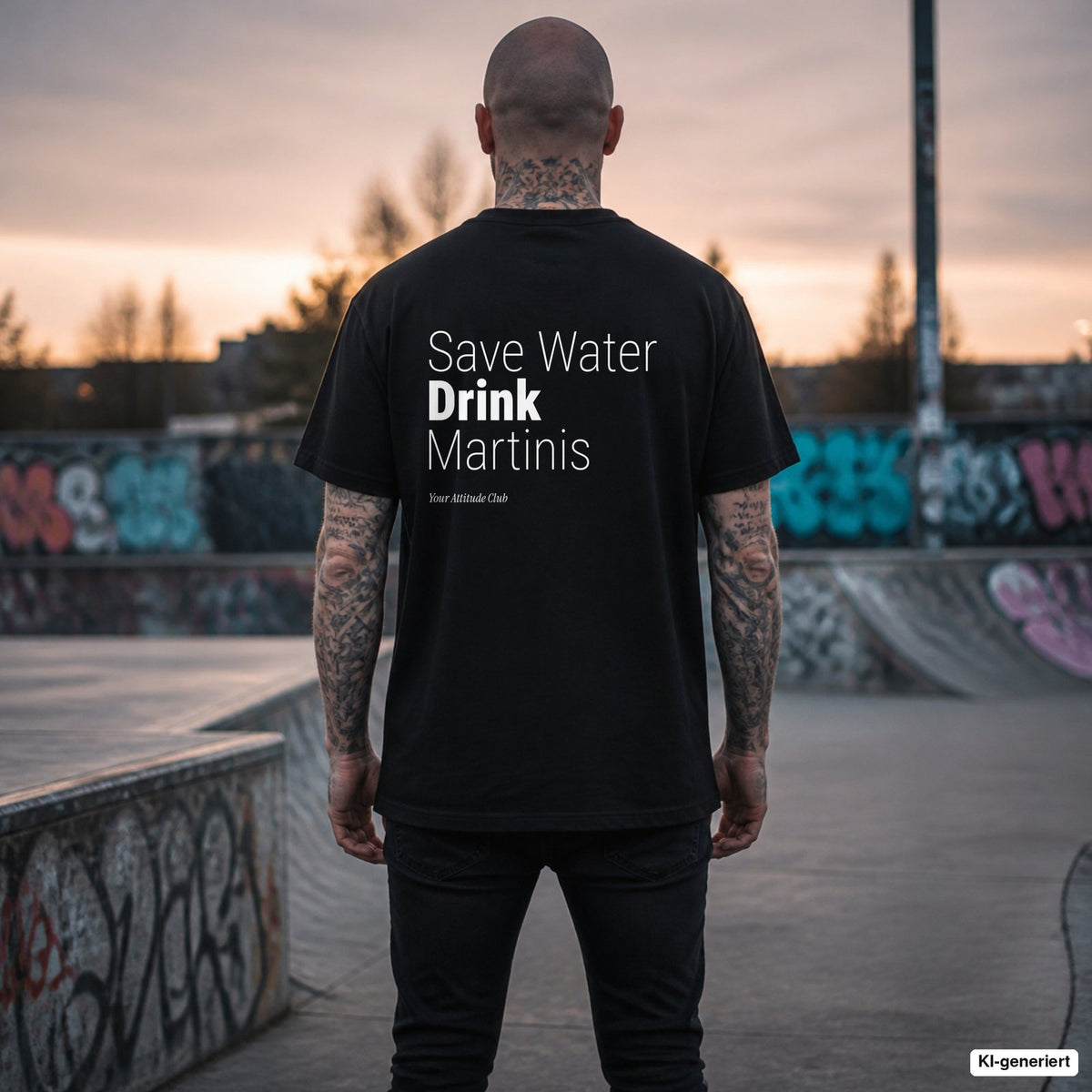 SAVE WATER DRINK MARTINIS – schwarzes Oversize T-Shirt mit weißem Backprint, Herren im Skatepark