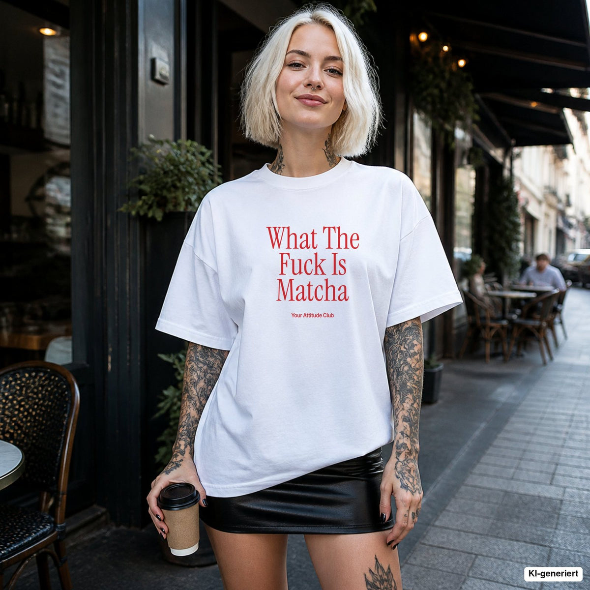 WHAT THE FUCK IS MATCHA – weißes Oversize T-Shirt mit rotem Frontprint, Damen im Straßencafé