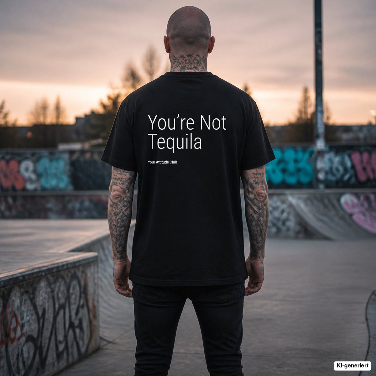 YOU’RE NOT TEQUILA – schwarzes Oversize T-Shirt mit weißem Backprint, Herren im Skatepark