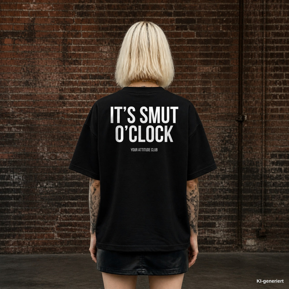 IT’S SMUT O’CLOCK – schwarzes Oversize T-Shirt mit weißem Backprint, Damen