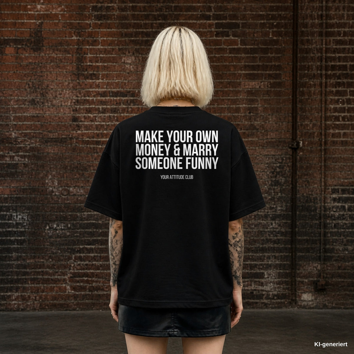 MAKE YOUR OWN MONEY & MARRY SOMEONE FUNNY – schwarzes Oversize T-Shirt mit weißem Backprint, Damen