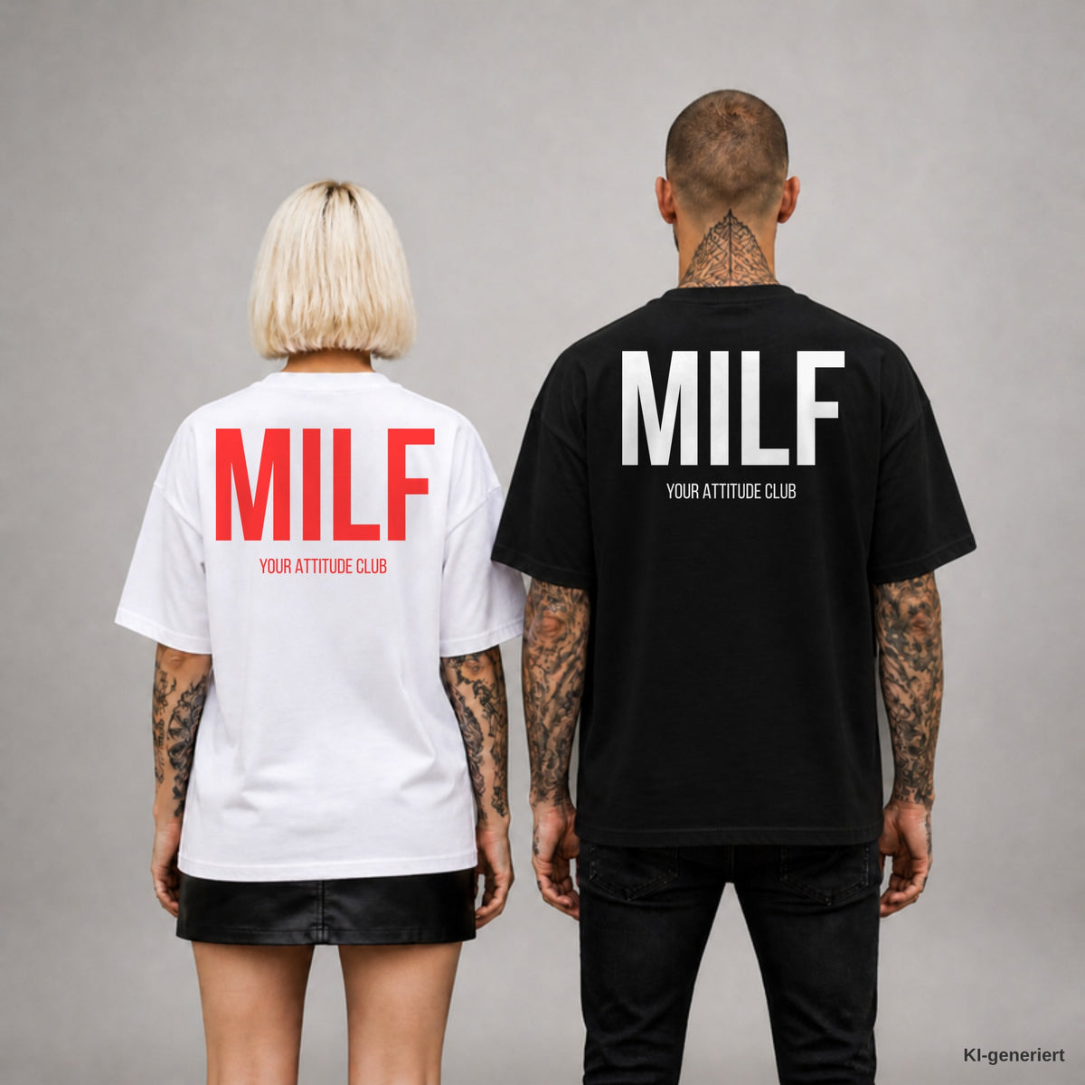 MILF – Oversize T-Shirt Unisex mit Backprint, Frau in Weiß mit rotem und Mann in Schwarz mit weißem Aufdruck