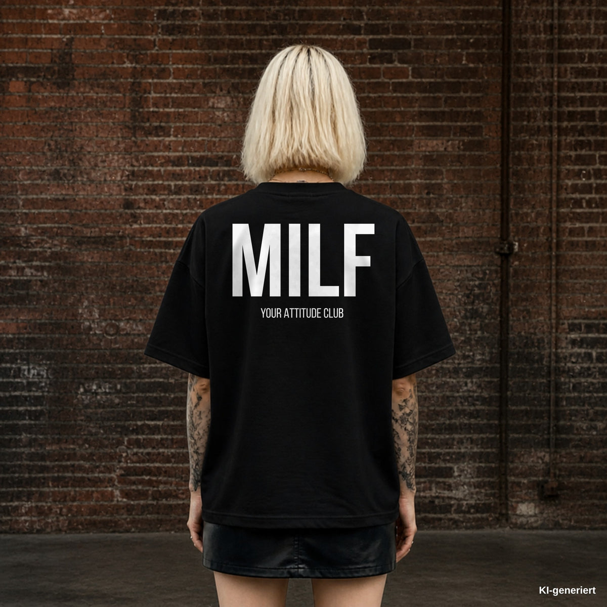 MILF – schwarzes Oversize T-Shirt mit weißem Backprint, Damen