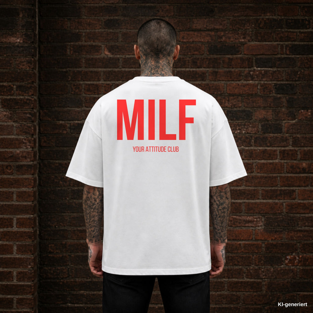 MILF – weißes Oversize T-Shirt mit rotem Backprint, Herren