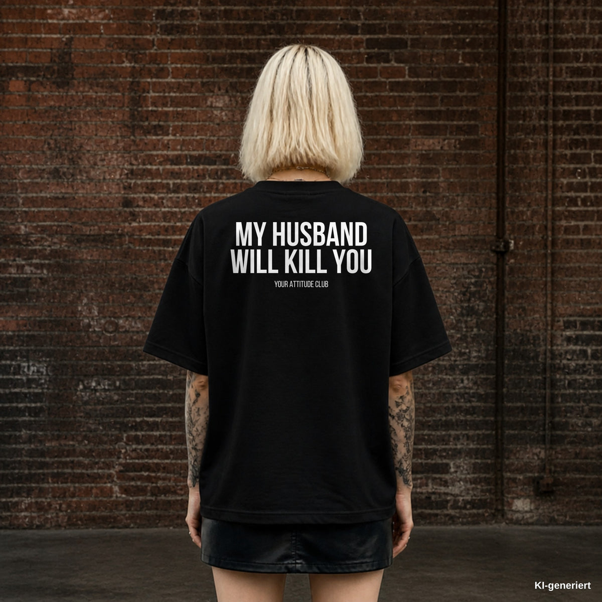 MY HUSBAND WILL KILL YOU – schwarzes Oversize T-Shirt mit weißem Backprint, Damen