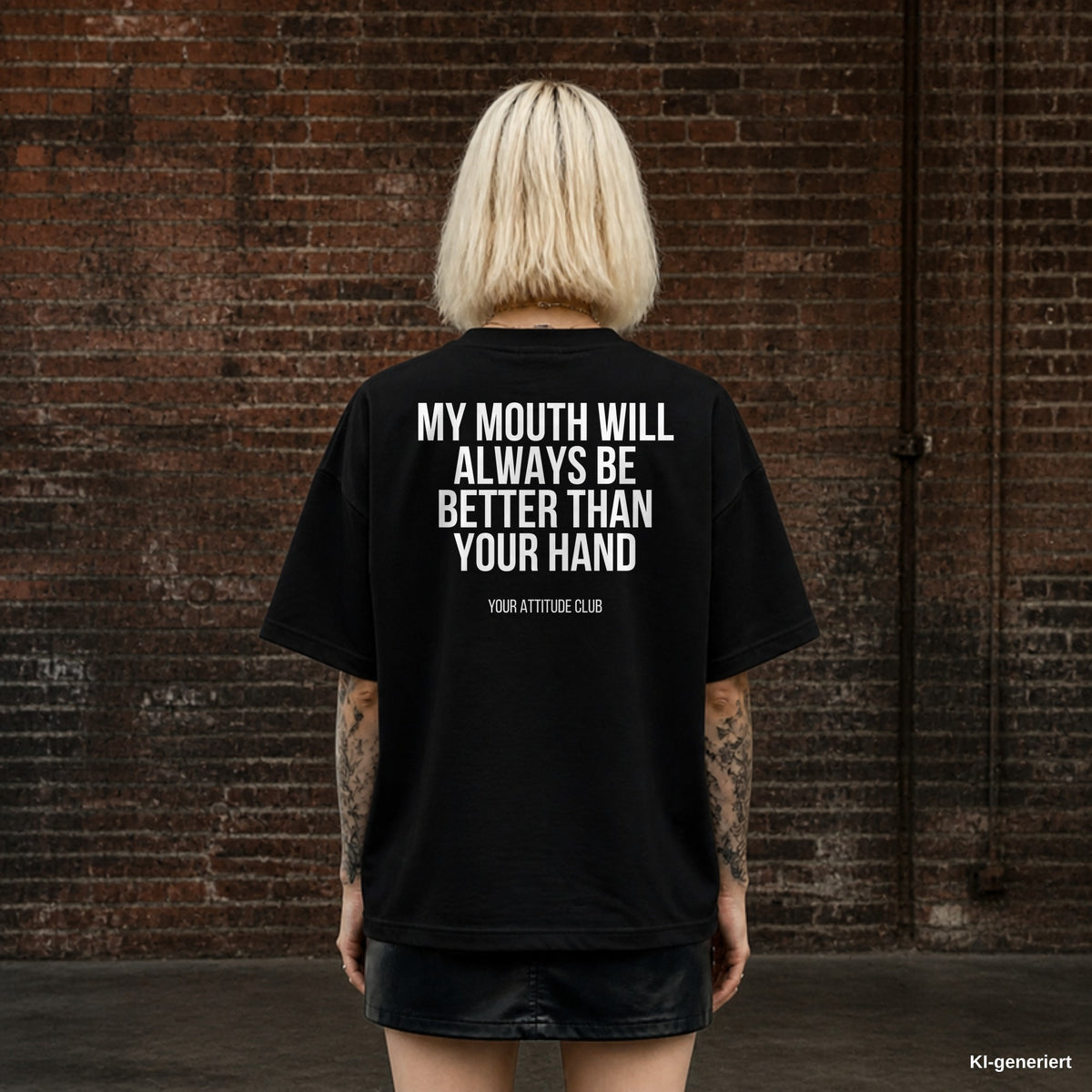 MY MOUTH WILL ALWAYS BE BETTER THAN YOUR HAND – schwarzes Oversize T-Shirt mit weißem Backprint, Damen