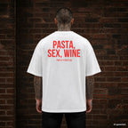 PASTA, SEX, WINE – weißes Oversize T-Shirt mit rotem Backprint, Herren