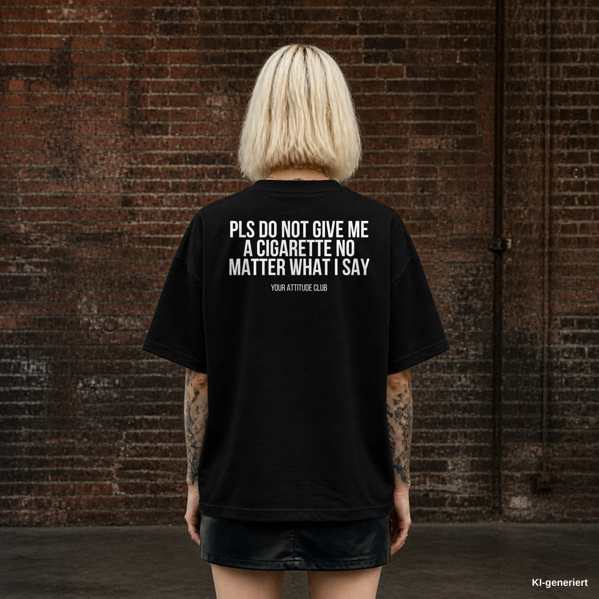PLS DO NOT GIVE ME A CIGARETTE NO MATTER WHAT I SAY – schwarzes Oversize T-Shirt mit weißem Backprint, Damen