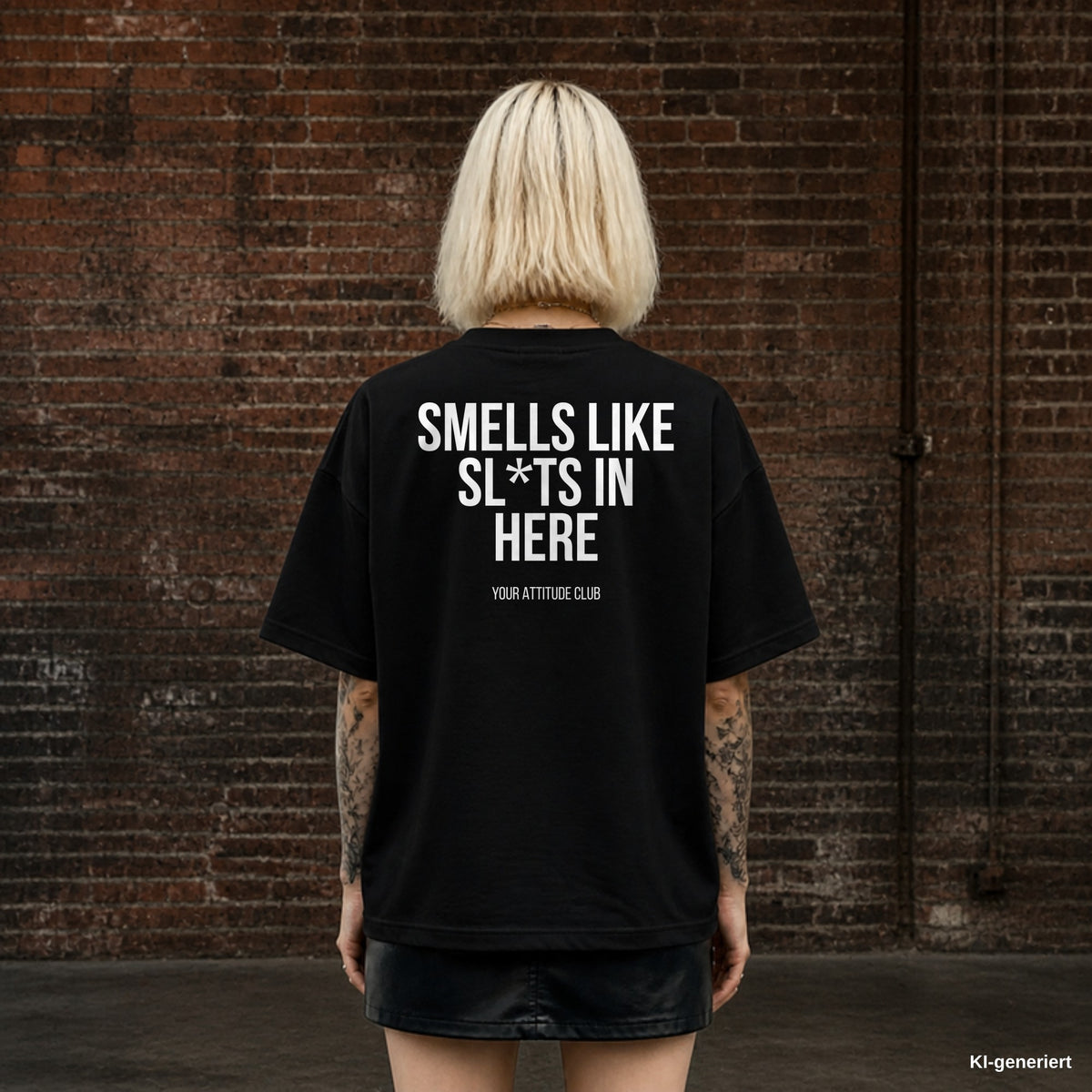 SMELLS LIKE SL*TS IN HERE – schwarzes Oversize T-Shirt mit weißem Backprint, Damen