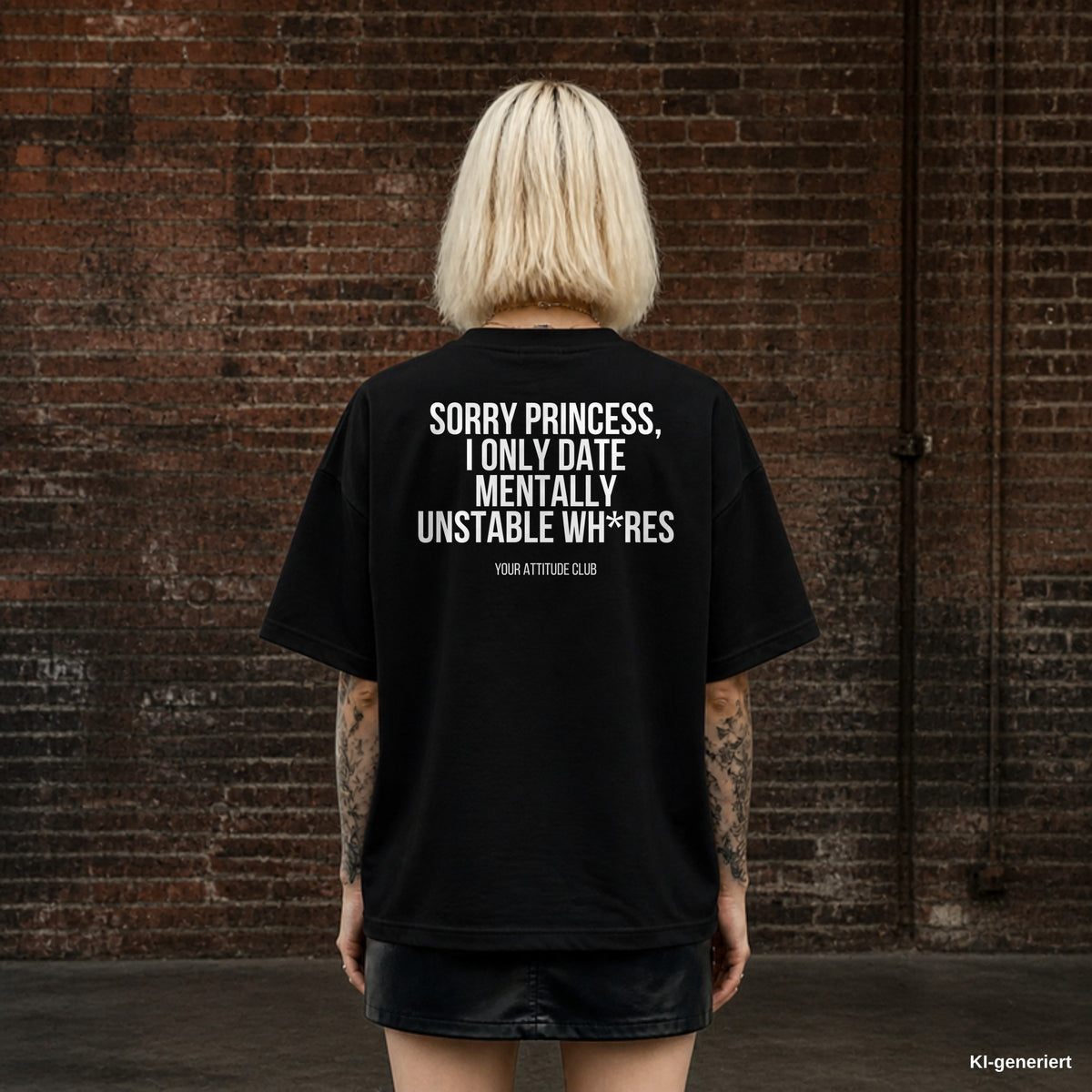SORRY PRINCESS, I ONLY DATE MENTALLY UNSTABLE WH*RES – schwarzes Oversize T-Shirt mit weißem Backprint, Damen