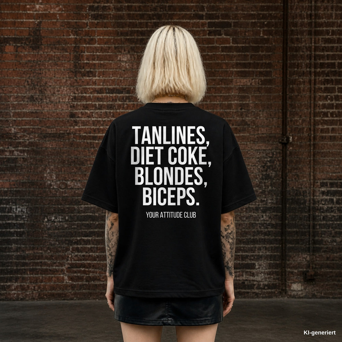 TANLINES, DIET COKE, BLONDES, BICEPS. – schwarzes Oversize T-Shirt mit weißem Backprint, Damen