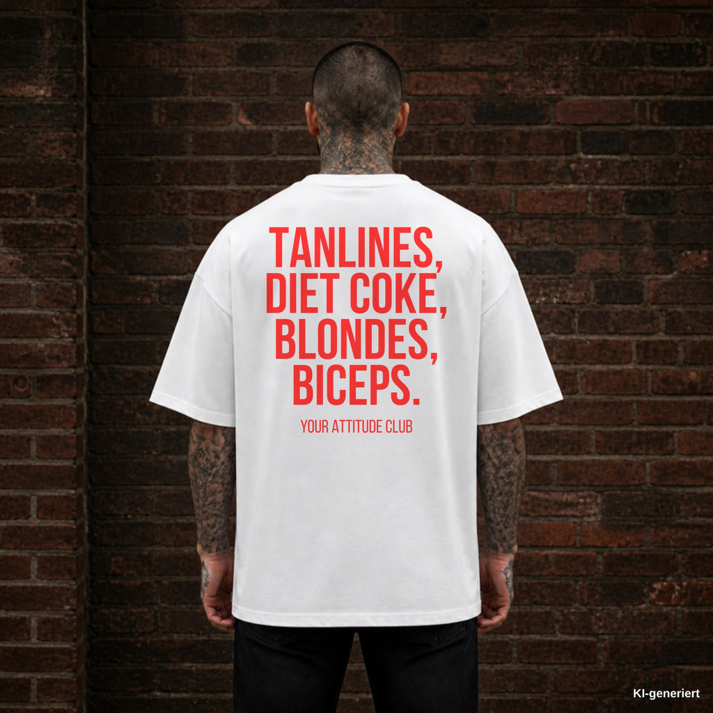 TANLINES, DIET COKE, BLONDES, BICEPS. – weißes Oversize T-Shirt mit rotem Backprint, Herren