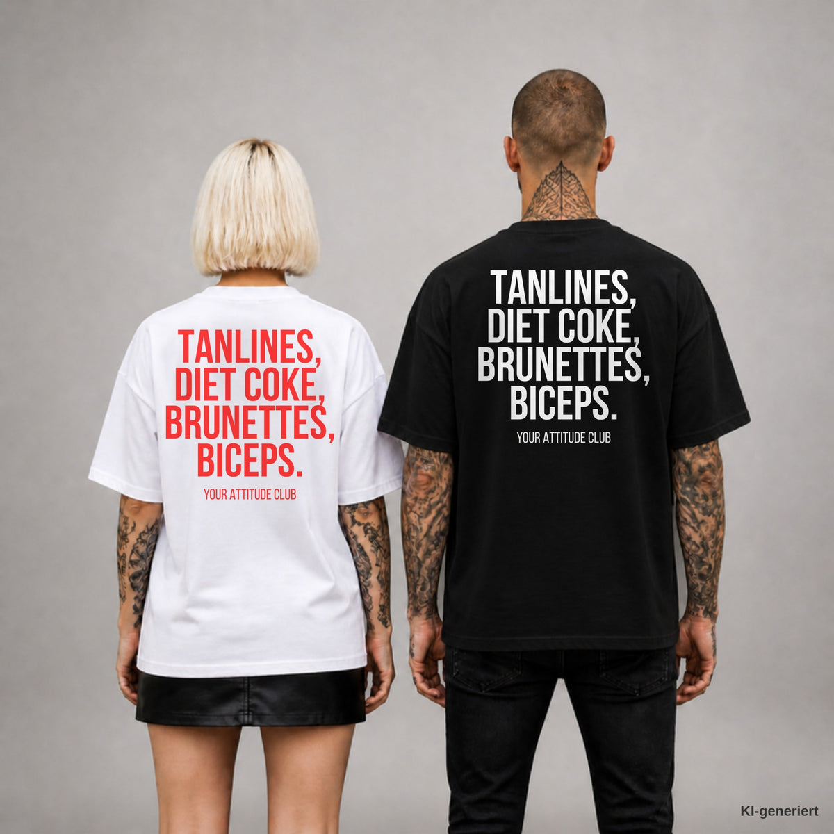 TANLINES, DIET COKE, BRUNETTES, BICEPS. – Oversize T-Shirt Unisex mit Backprint, Frau in Weiß mit rotem und Mann in Schwarz mit weißem Aufdruck