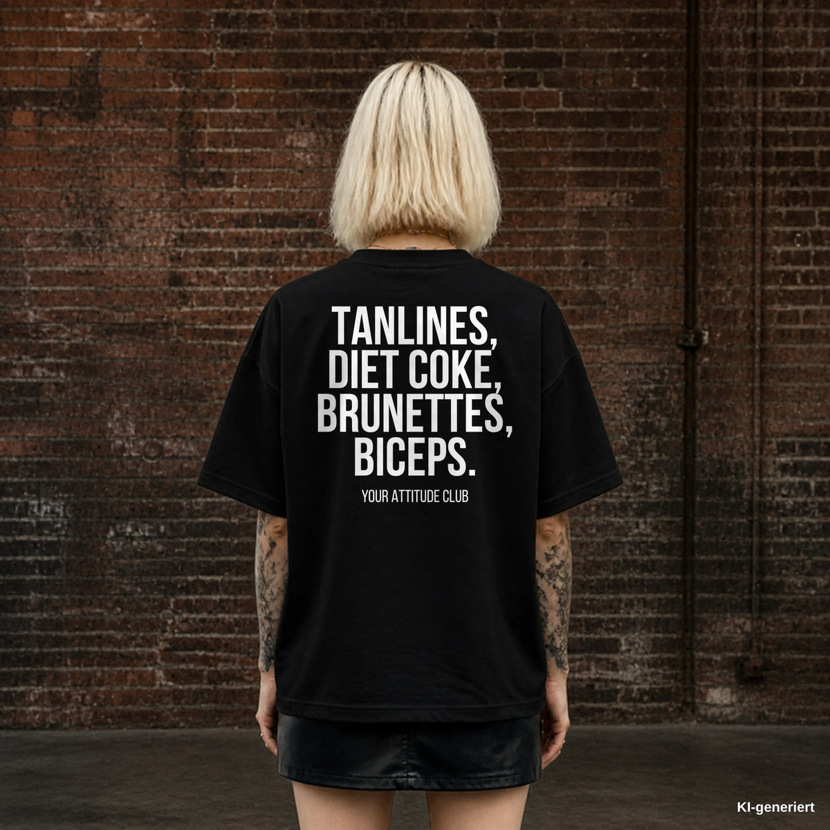 TANLINES, DIET COKE, BRUNETTES, BICEPS. – schwarzes Oversize T-Shirt mit weißem Backprint, Damen