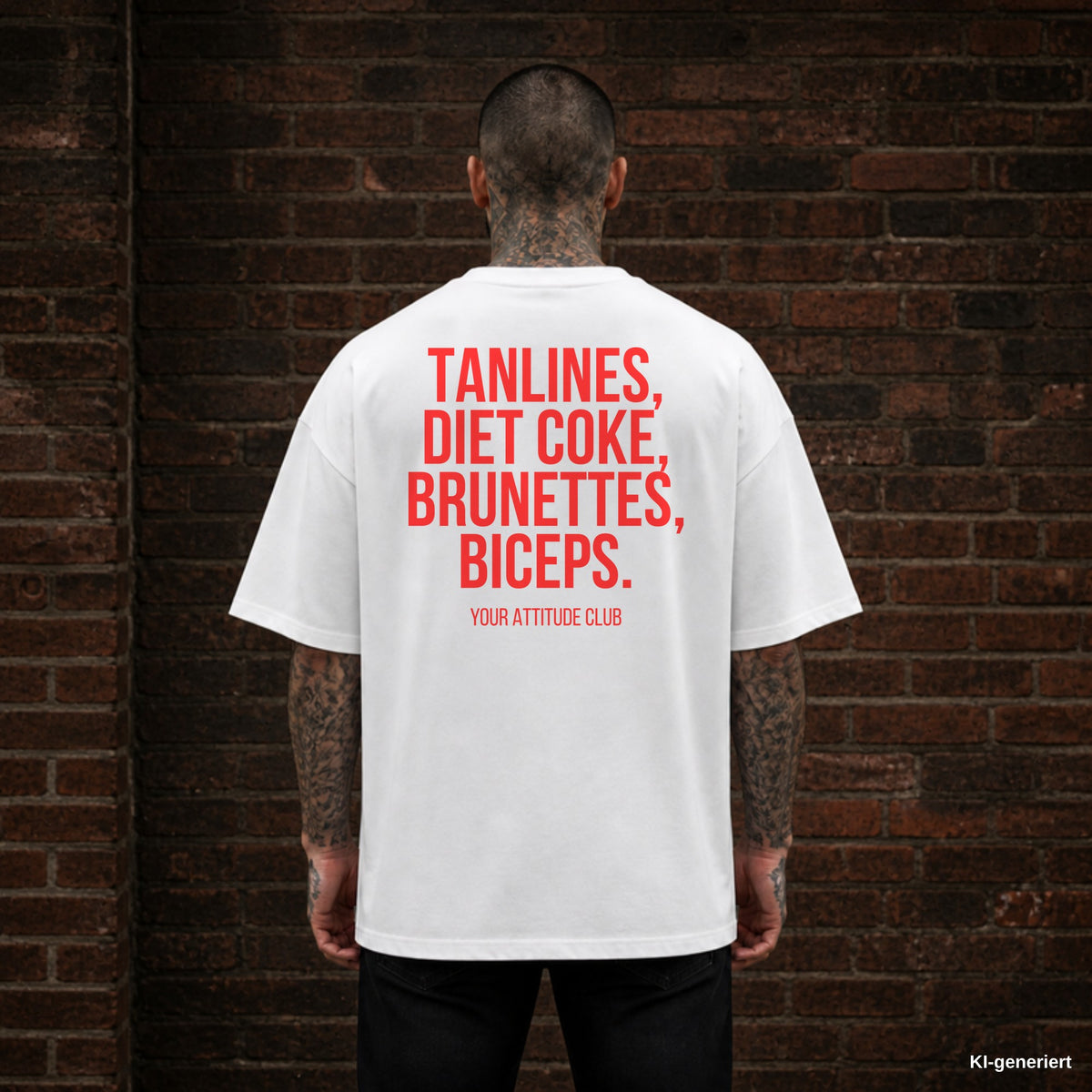 TANLINES, DIET COKE, BRUNETTES, BICEPS. – weißes Oversize T-Shirt mit rotem Backprint, Herren