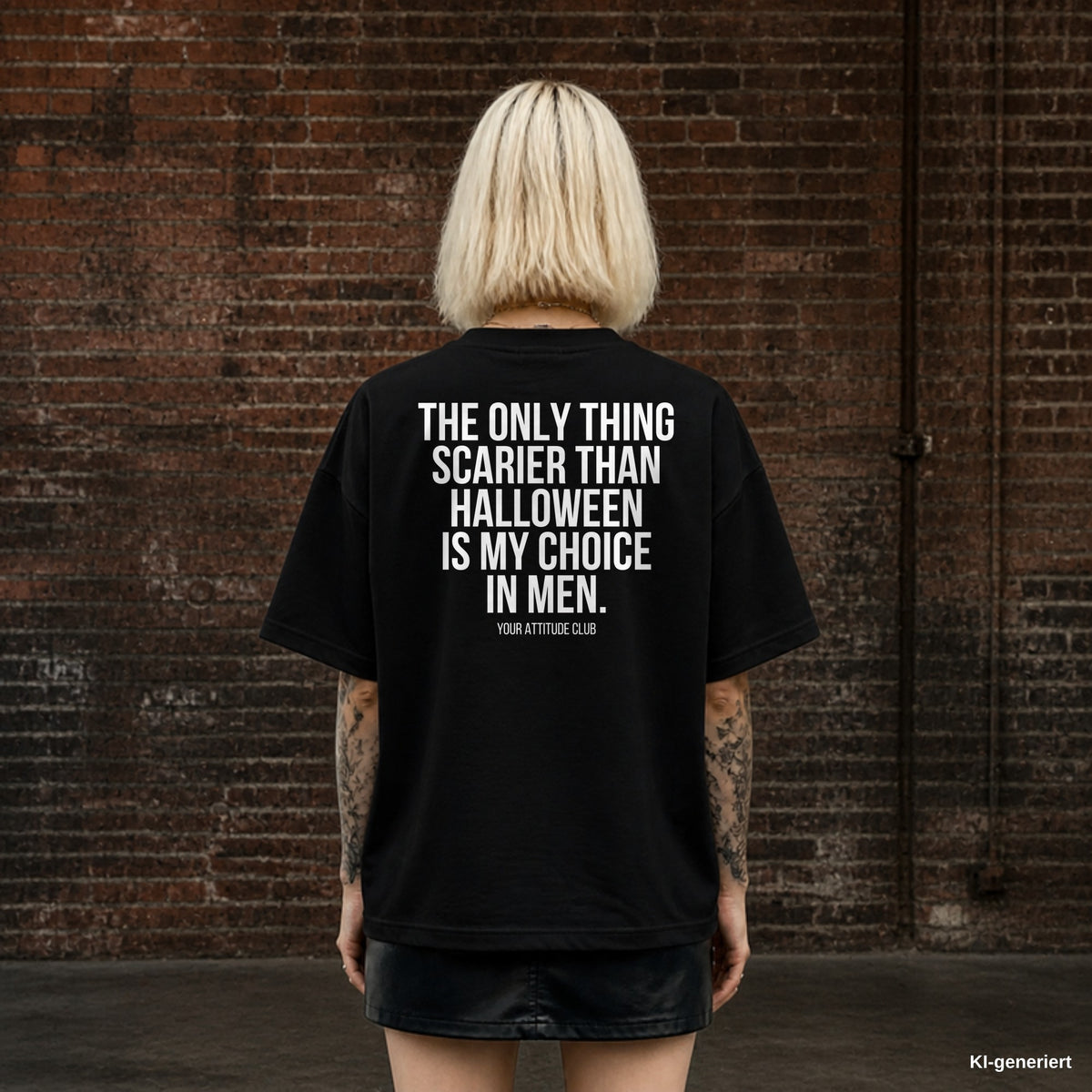 THE ONLY THING SCARIER THAN HALLOWEEN IS MY CHOICE IN MEN. – schwarzes Oversize T-Shirt mit weißem Backprint, Damen