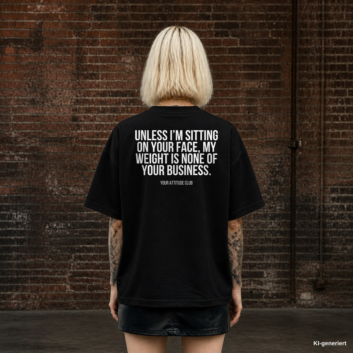 UNLESS I’M SITTING ON YOUR FACE, MY WEIGHT IS NONE OF YOUR BUSINESS. – schwarzes Oversize T-Shirt mit weißem Backprint, Damen
