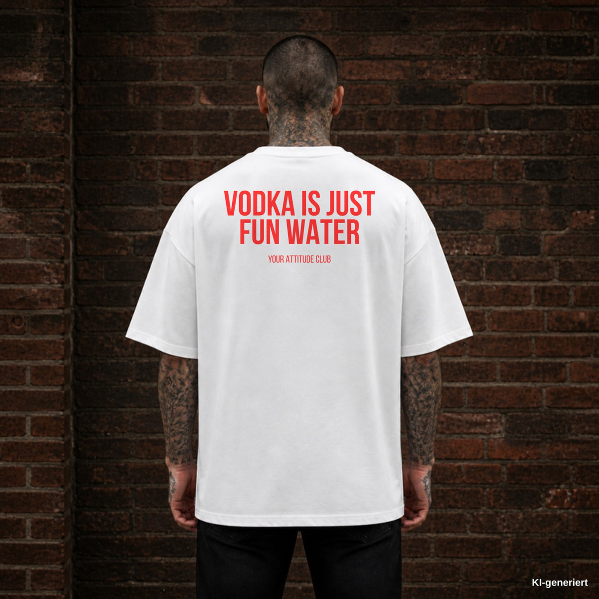 VODKA IS JUST FUN WATER – weißes Oversize T-Shirt mit rotem Backprint, Herren
