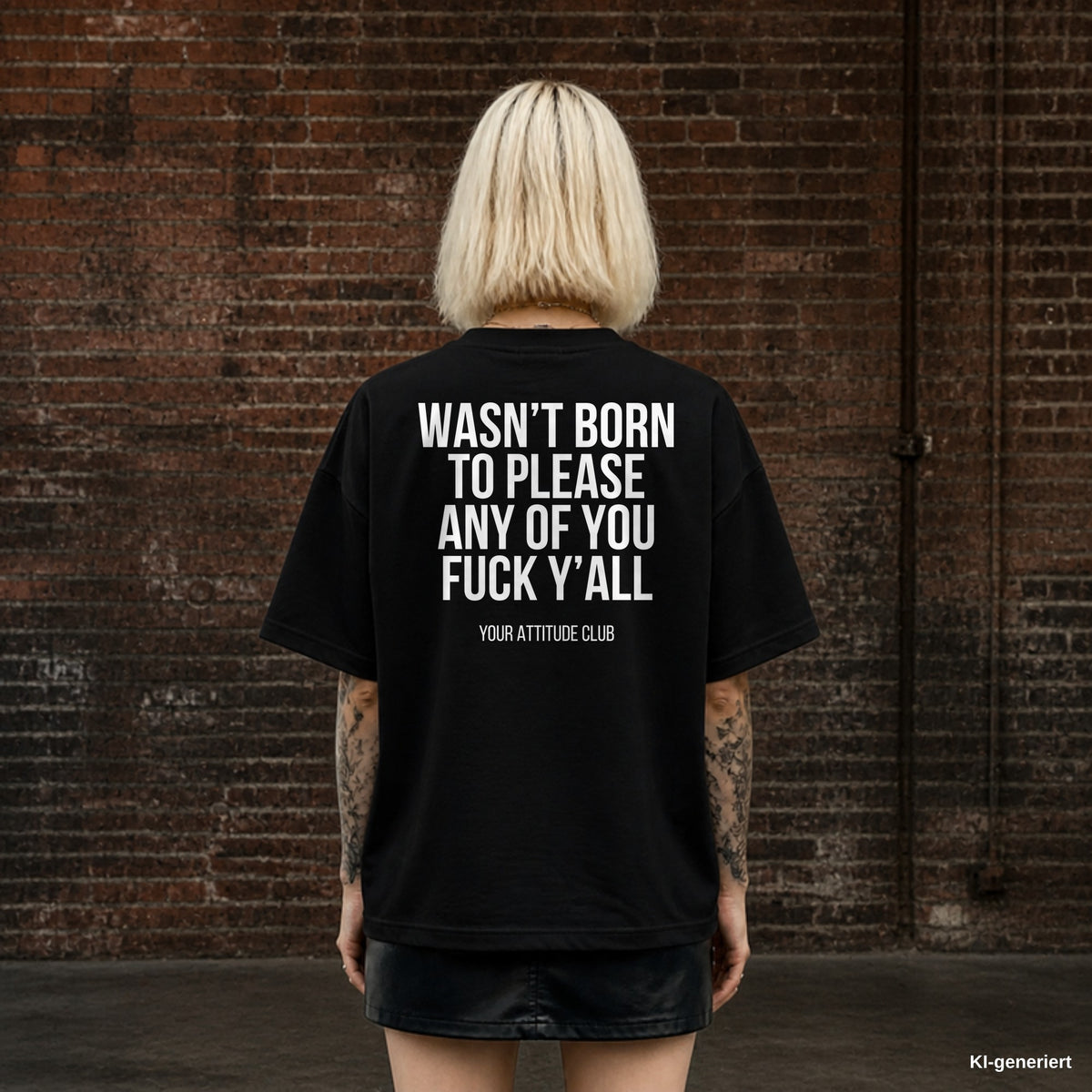 WASN’T BORN TO PLEASE ANY OF YOU FUCK Y’ALL – schwarzes Oversize T-Shirt mit weißem Backprint, Damen