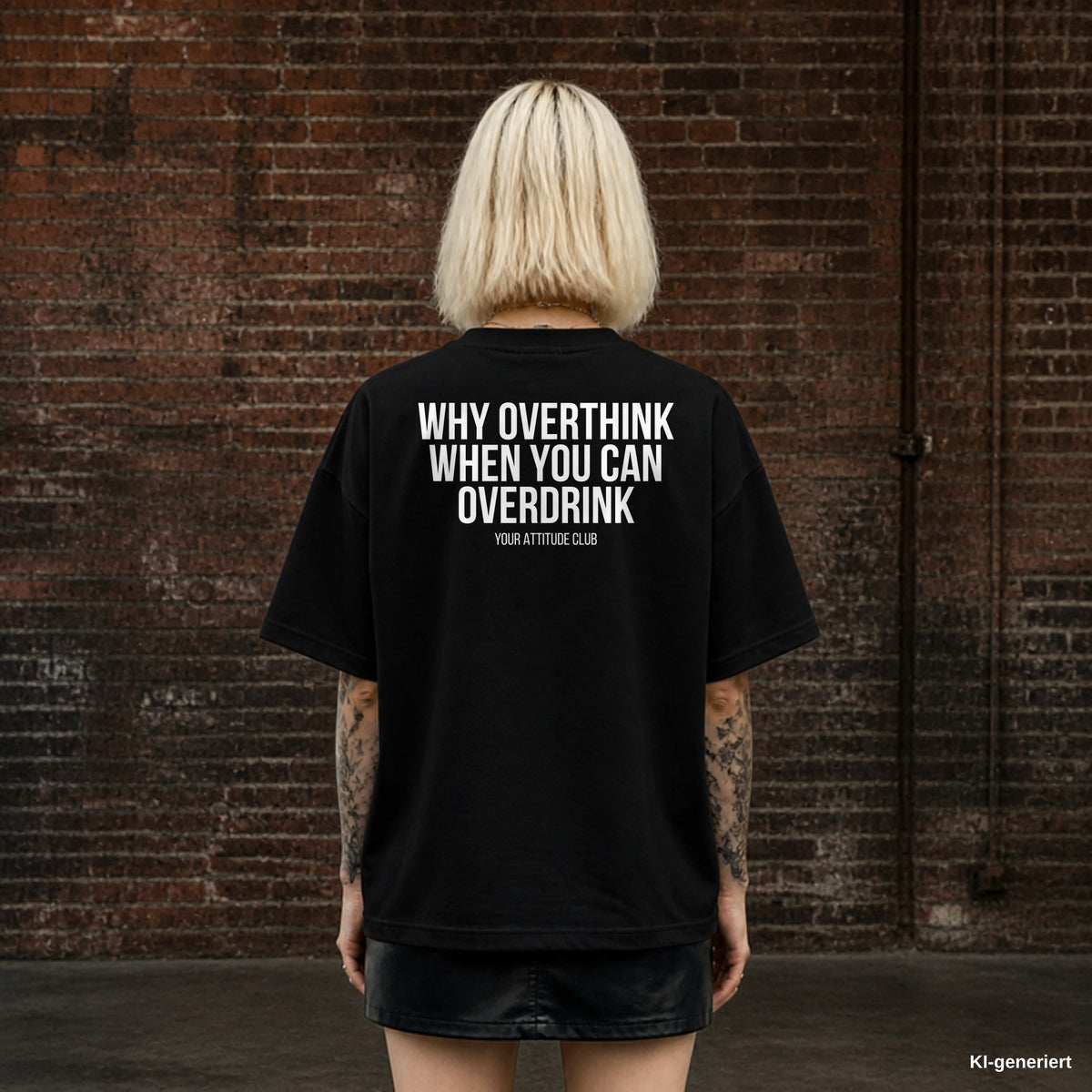 WHY OVERTHINK WHEN YOU CAN OVERDRINK – schwarzes Oversize T-Shirt mit weißem Backprint, Damen