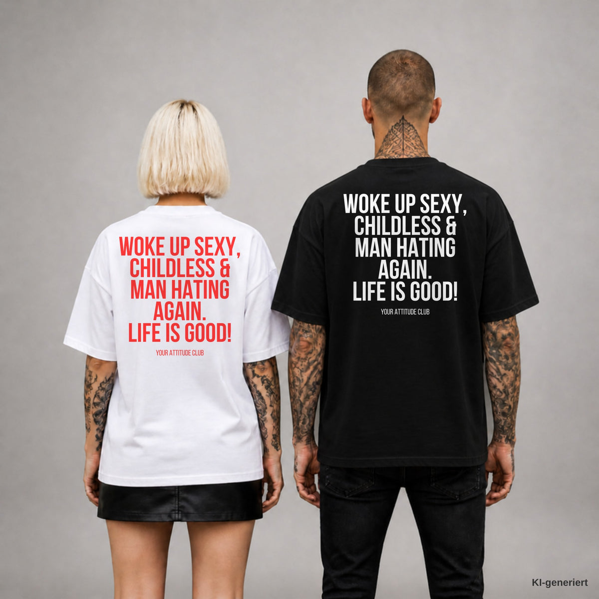 WOKE UP SEXY, CHILDLESS & MAN HATING AGAIN. LIFE IS GOOD! – Oversize T-Shirt Unisex mit Backprint, Frau in Weiß mit rotem und Mann in Schwarz mit weißem Aufdruck
