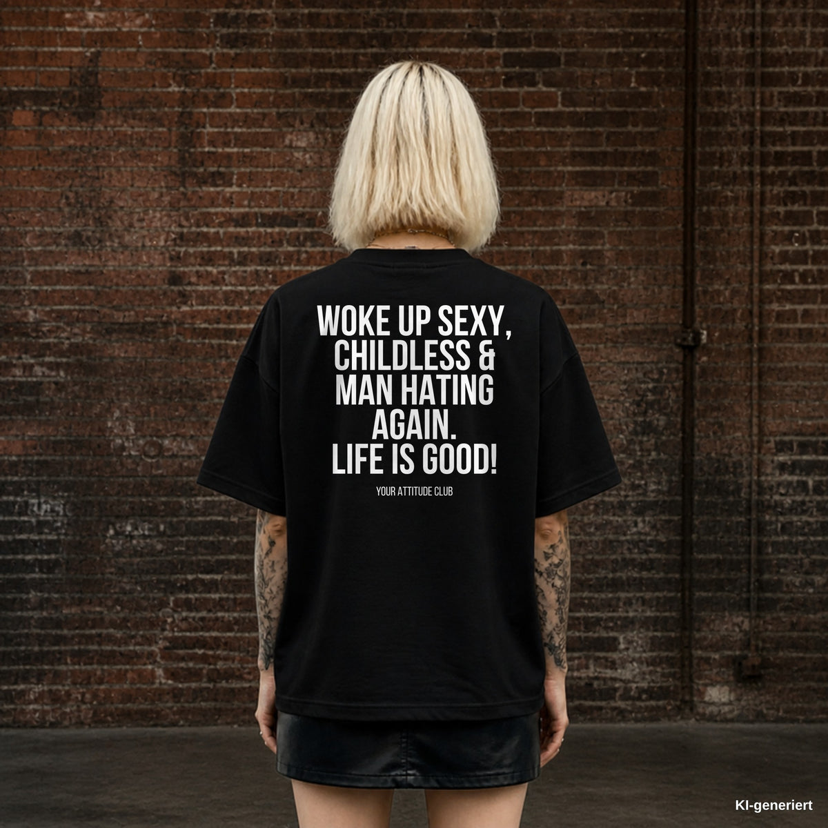 WOKE UP SEXY, CHILDLESS & MAN HATING AGAIN. LIFE IS GOOD! – schwarzes Oversize T-Shirt mit weißem Backprint, Damen