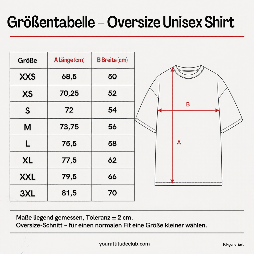 Größentabelle Oversize T-Shirt Unisex XXS bis 3XL