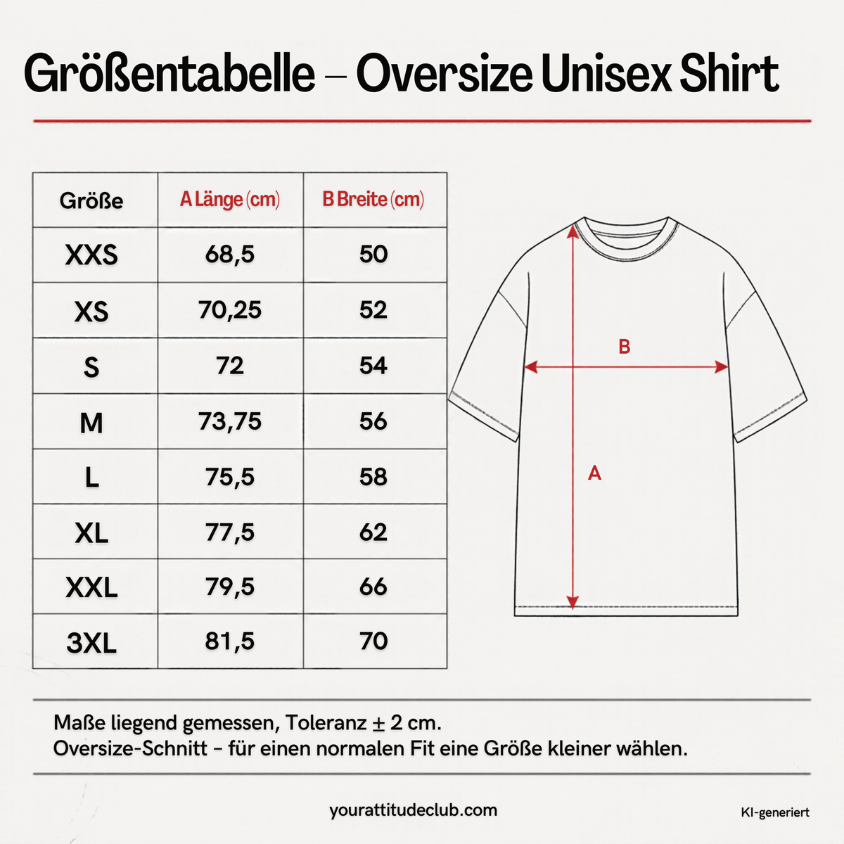 Größentabelle Oversize T-Shirt Unisex XXS bis 3XL