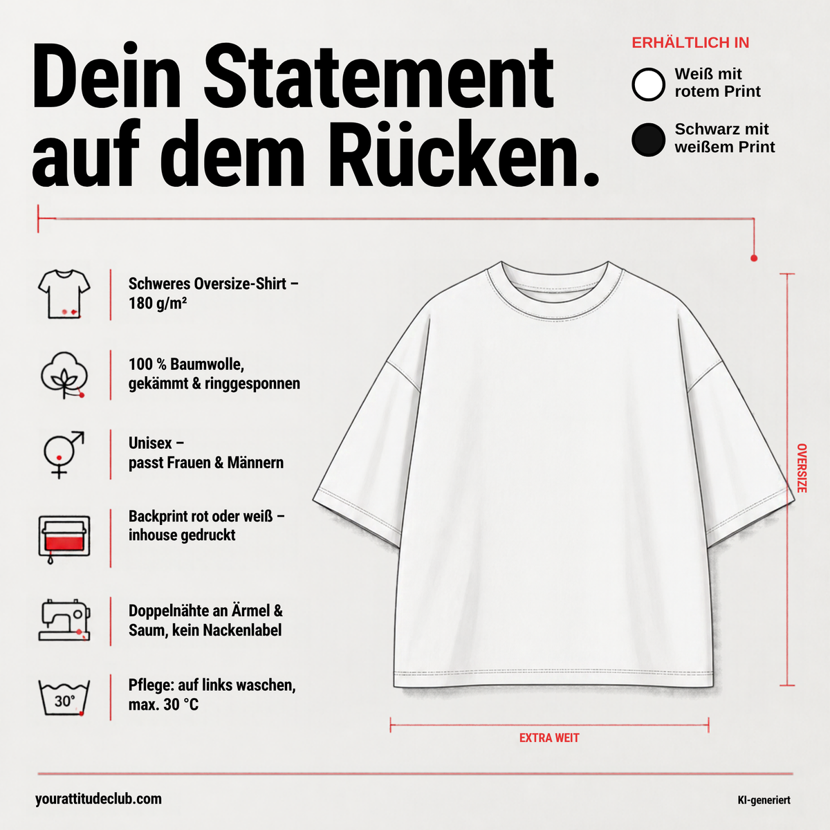 Oversize T-Shirt Unisex – Eigenschaften: 180 g/m², 100 % Baumwolle, Backprint, erhältlich in Weiß und Schwarz