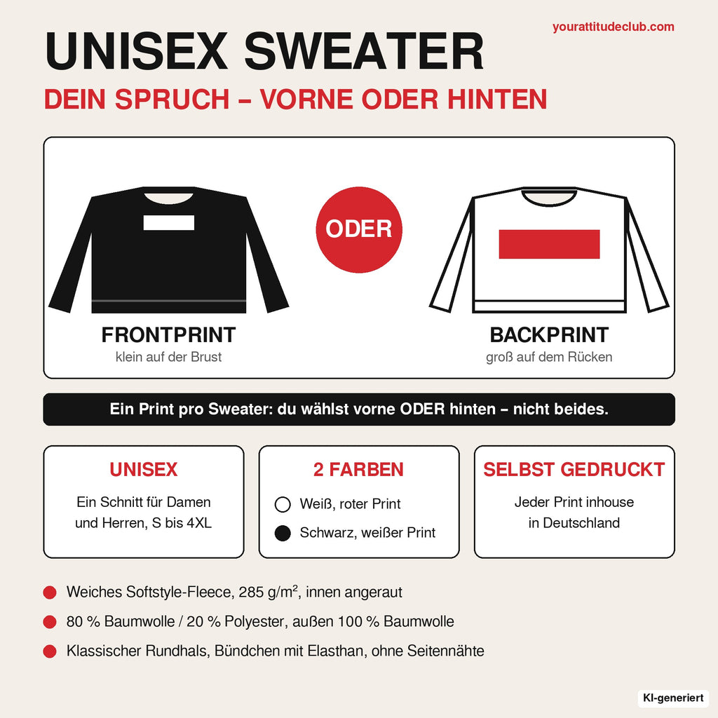 Unisex Pullover – wahlweise Front- oder Backprint, Weiß oder Schwarz, S bis 4XL