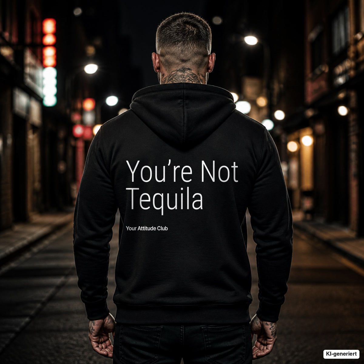 You’re Not Tequila – schwarzer Hoodie mit weißem Backprint, Herren in der Stadt bei Nacht