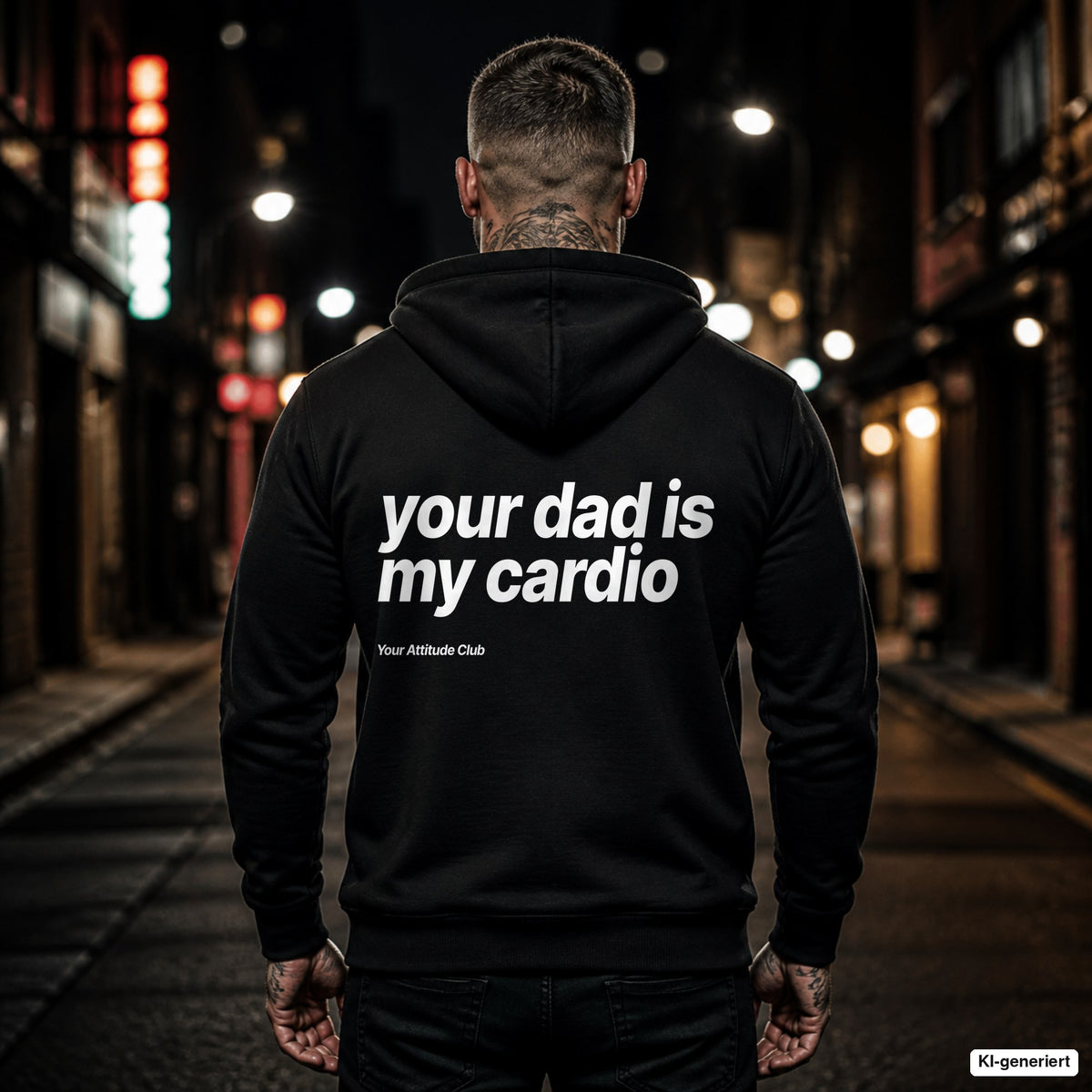 Your Dad Is My Cardio – schwarzer Hoodie mit weißem Backprint, Herren in der Stadt bei Nacht