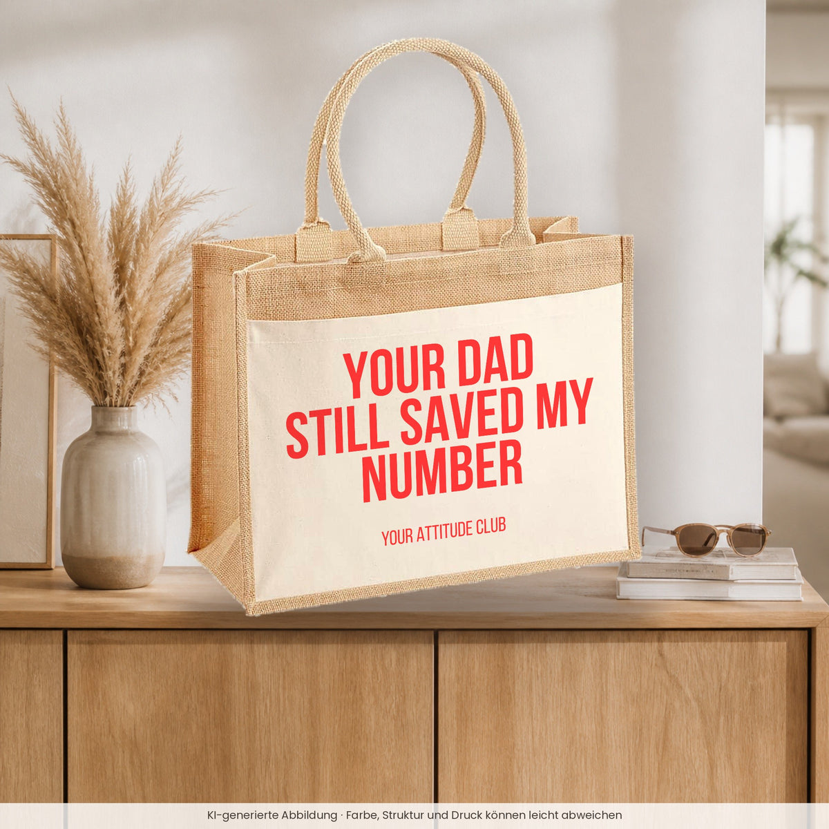 Your dad still saved my number – Jutetasche mit Spruch, auf dem Sideboard im Flur