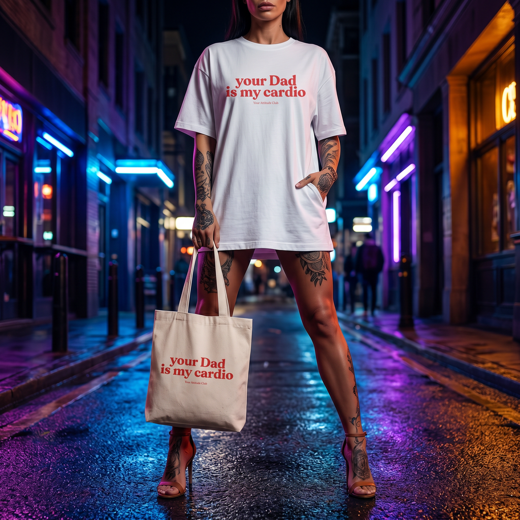 Your Dad is my cardio Beutel – freche Statement Tragetasche Baumwolle, lustiger Stoffbeutel, Tote Bag Damen Herren, provokanter Shopper