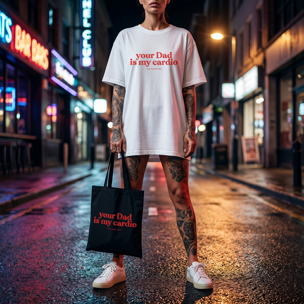 Your Dad is my cardio Beutel – freche Statement Tragetasche Baumwolle, lustiger Stoffbeutel, Tote Bag Damen Herren, provokanter Shopper
