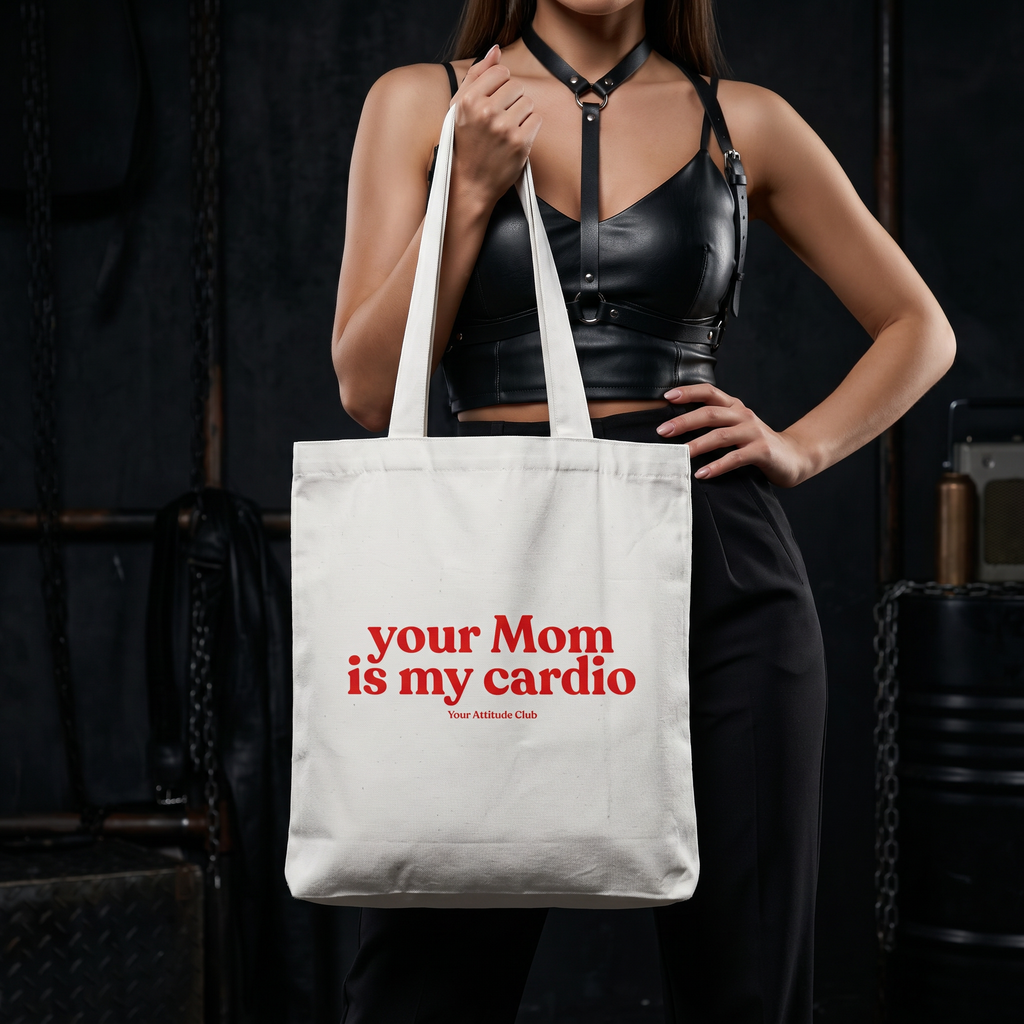Your Mom is my cardio Beutel – freche Statement Tragetasche Baumwolle, lustiger Stoffbeutel, Tote Bag Damen Herren, provokanter Shopper