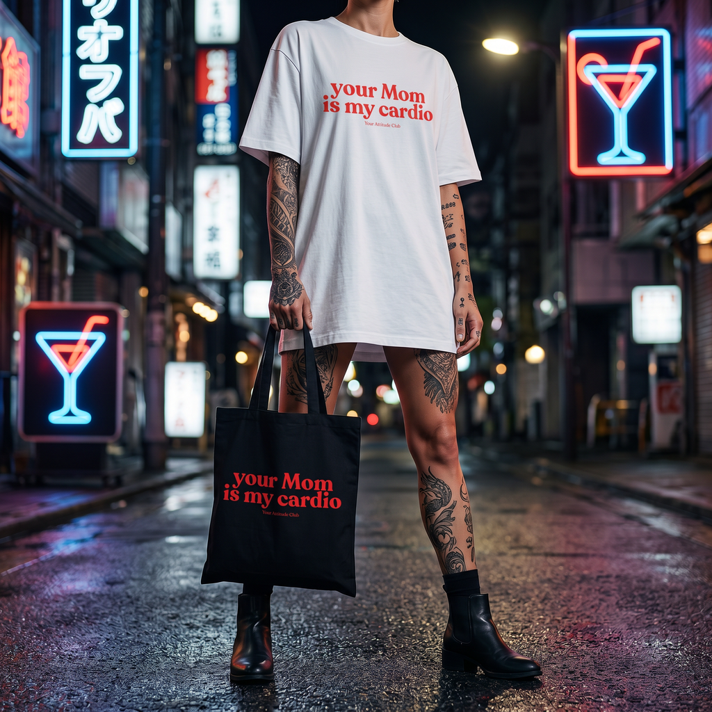 Your Mom is my cardio Beutel – freche Statement Tragetasche Baumwolle, lustiger Stoffbeutel, Tote Bag Damen Herren, provokanter Shopper