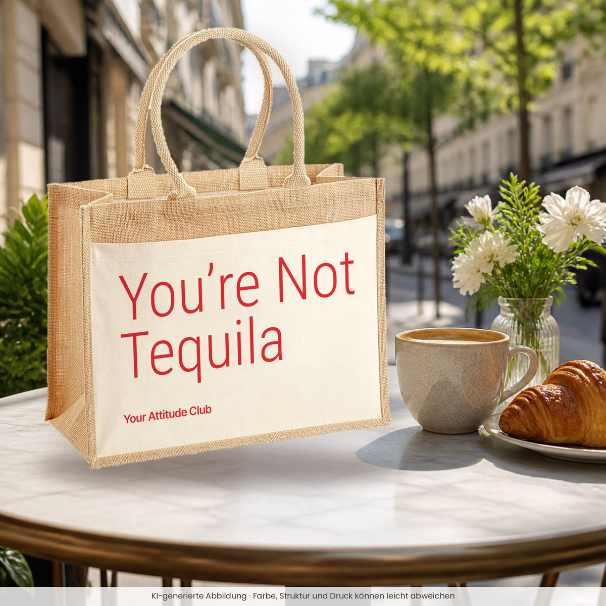 You’re Not Tequila – Jutetasche mit Spruch, im Café