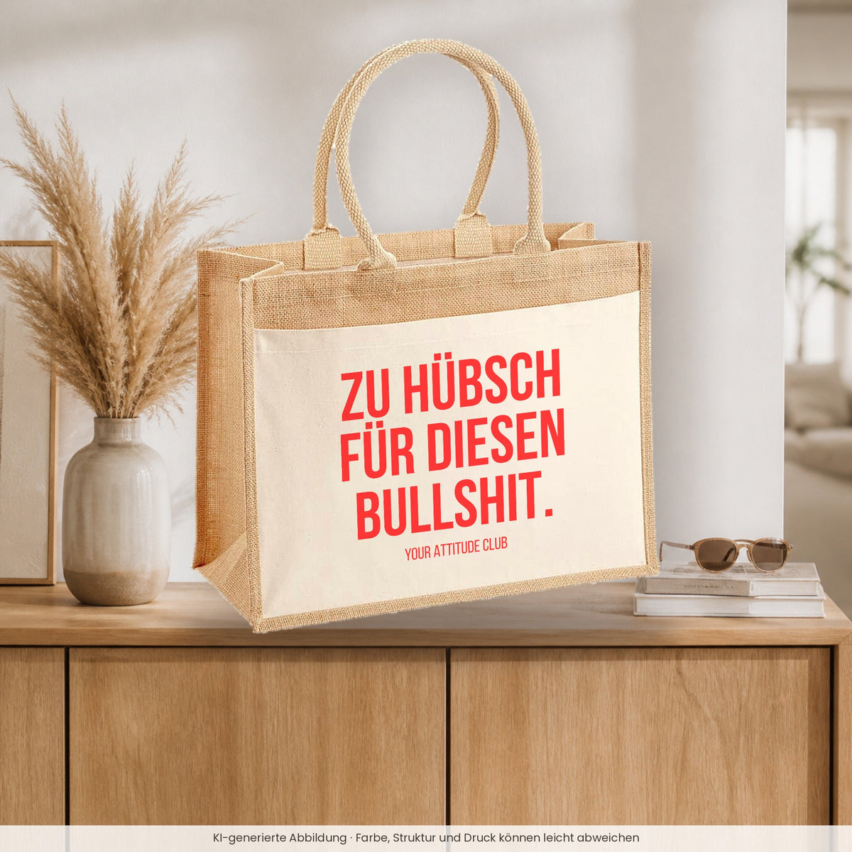 Zu hübsch für diesen Bullshit. – Jutetasche mit Spruch, auf dem Sideboard im Flur