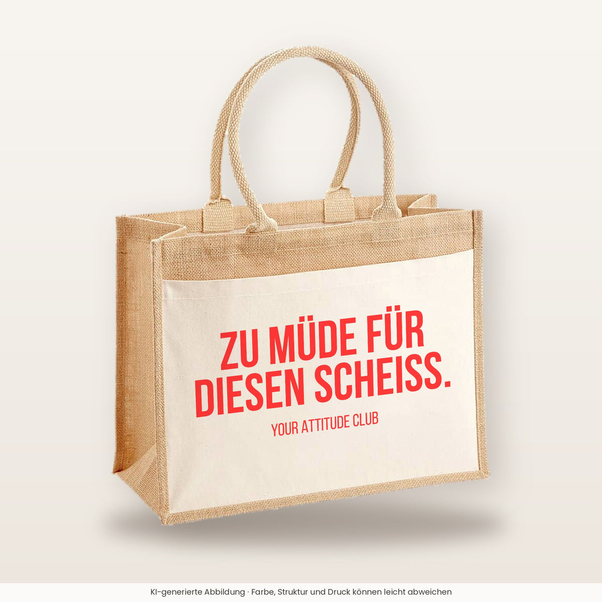 Zu müde für diesen Scheiss. – Jutetasche mit Spruch, große Jutetasche, Produktansicht